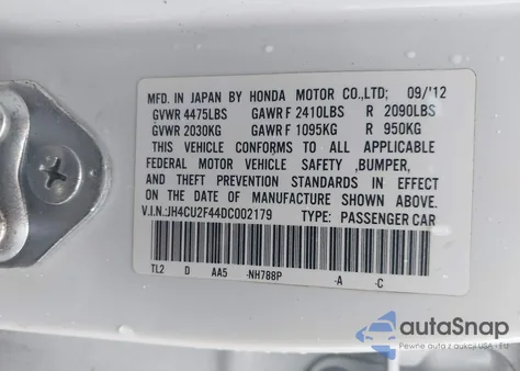 2013 Acura Tsx 2.4 z USA, uszkodzony, nr VIN JH4CU2F44DC002179